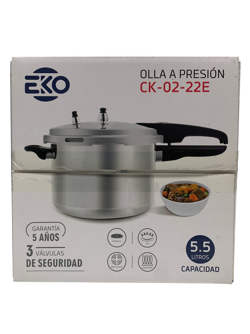 Olla de Presión de 3 Válvulas, marca Eko, con capacidad de 5.5L